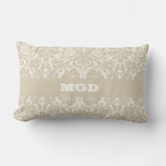 Ornate floral art nouveau pattern beige monogram lumbar cushion (Front)