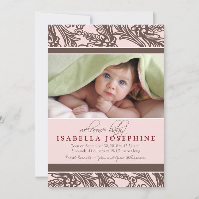 Ornate Floral Baby Birth Announcement (pink) (Front)