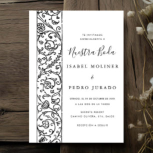 Ornate Floral Black & White Nuestra Boda Wedding Invitation