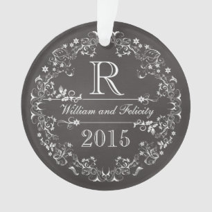 Ornate Floral Chalkboard Monogram Wedding Year Ornament