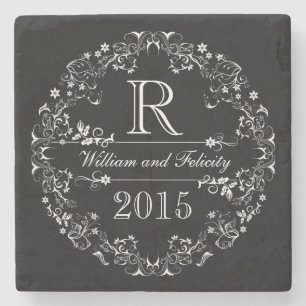 Ornate Floral Chalkboard Monogram Wedding Year Stone Coaster