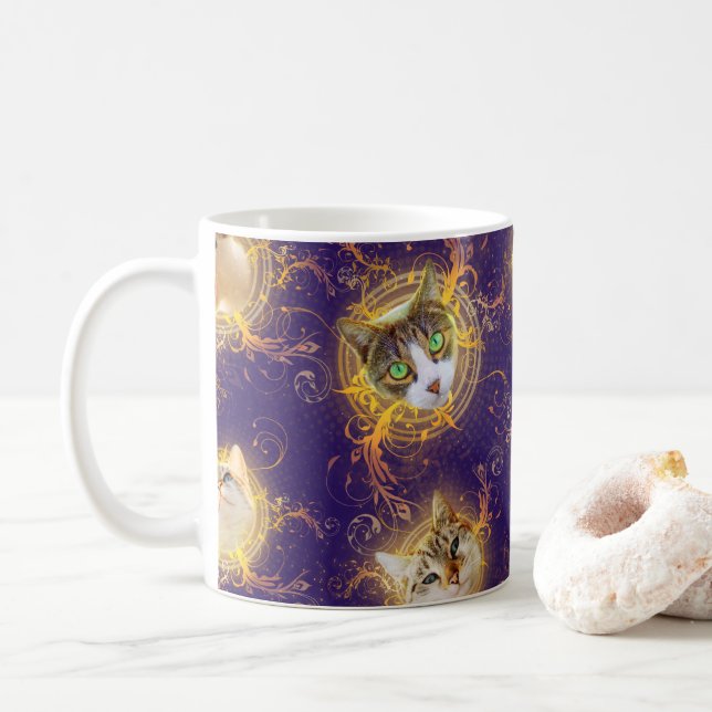 Ornate Floral Damask Cute Kitty Cat - Royal Purple Coffee Mug (With Donut)