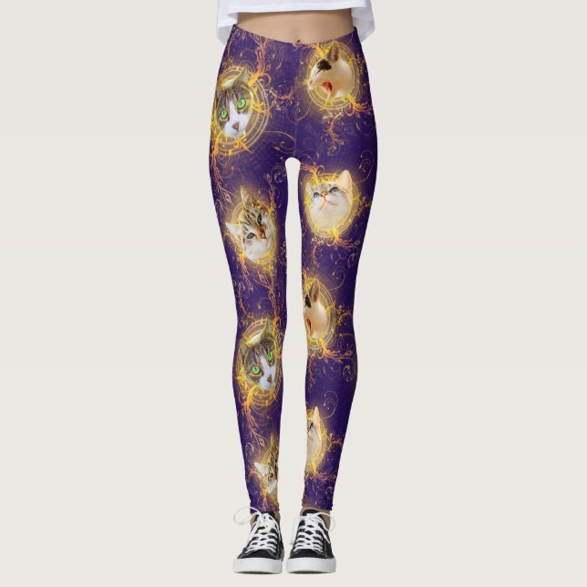 Ornate Floral Damask Cute Kitty Cat - Royal Purple Leggings (Front)