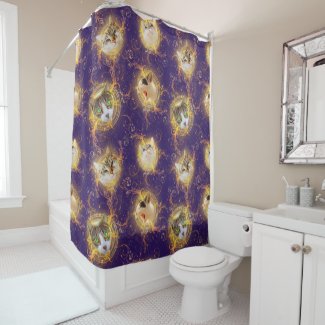Ornate Floral Damask Cute Kitty Cat - Royal Purple Shower Curtain