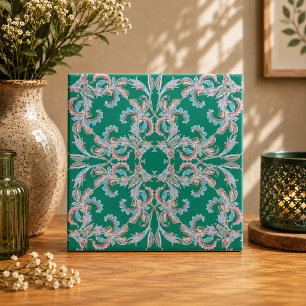 Ornate Floral Filigree Tile in Emerald Green