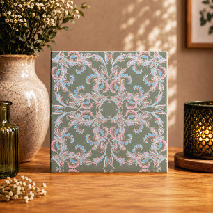 Ornate Floral Filigree Tile in Slate Green