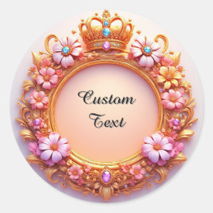 Ornate Floral Frame With Jewelled Crown Classic Round Sticker