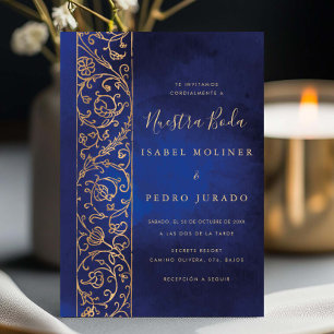 Ornate Floral Gold Blue Nuestra Boda Wedding Invitation