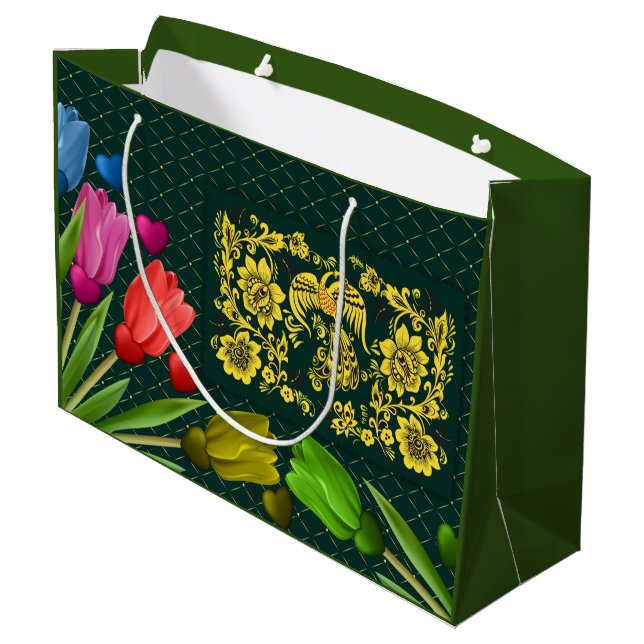 Ornate Floral Gold Pattern on Dark Green Large Gift Bag (Back Angled)
