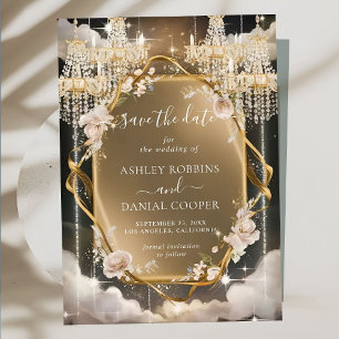 Ornate Floral Golden Chandelier Save The Date Invitation
