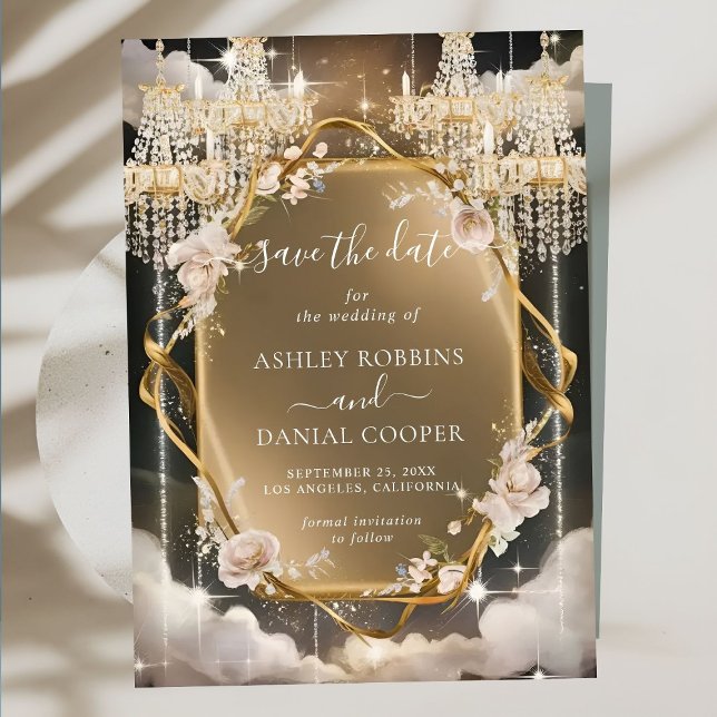 Ornate Floral Golden Chandelier Save The Date Invitation (Creator Uploaded)