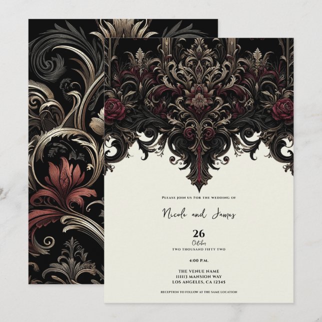 Ornate Floral Gothic Elegant Wedding Invitation (Front/Back)