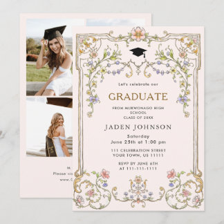 Ornate Floral Grace Boho 4 Photo Graduation Party Invitation