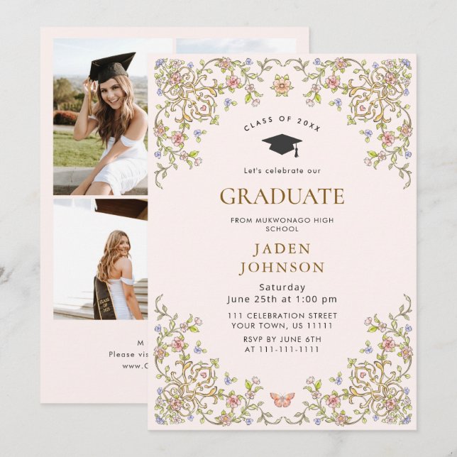Ornate Floral Grace Boho 4 Photo Graduation Party Invitation (Front/Back)