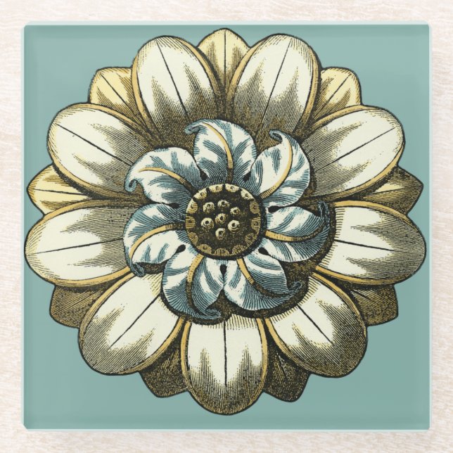 Ornate Floral Medallion on Light Blue Background Glass Coaster (Front)