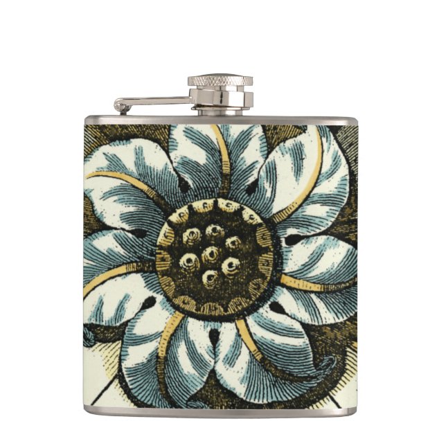 Ornate Floral Medallion on Light Blue Background Hip Flask (Front)