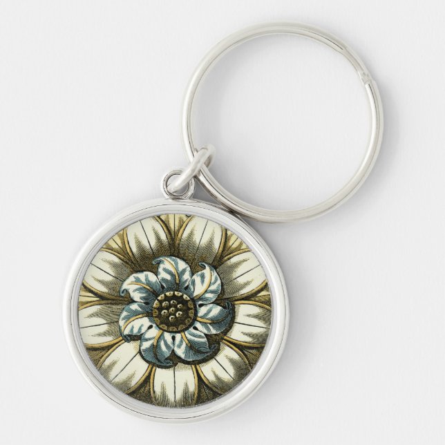 Ornate Floral Medallion on Light Blue Background Key Ring (Front)