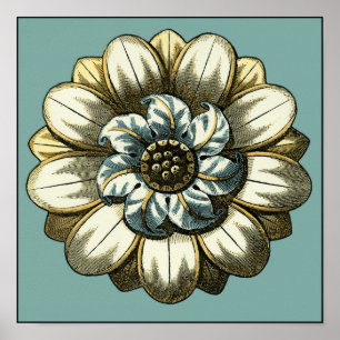 Ornate Floral Medallion on Light Blue Background Poster