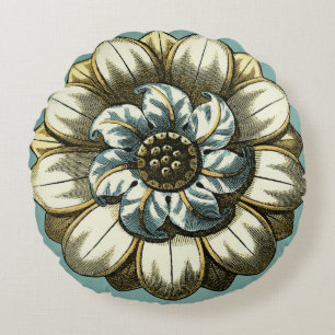 Ornate Floral Medallion on Light Blue Background Round Cushion
