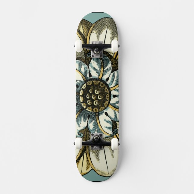 Ornate Floral Medallion on Light Blue Background Skateboard (Front)