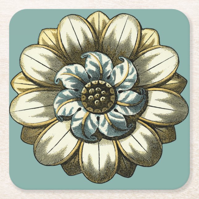 Ornate Floral Medallion on Light Blue Background Square Paper Coaster (Front)