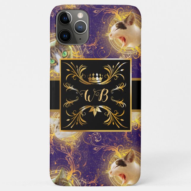 Ornate Floral Monogram Cute Cat - Royal Purple Case-Mate iPhone Case (Back)