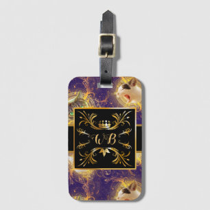 Ornate Floral Monogram Cute Cat - Royal Purple Luggage Tag