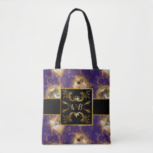 Ornate Floral Monogram Cute Cat - Royal Purple Tote Bag