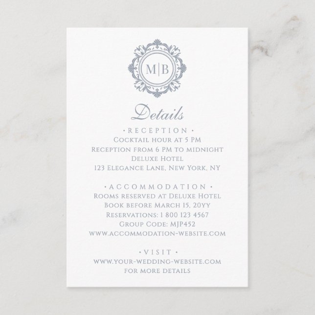 Ornate Floral Monogram Elegant Silver Wedding Enclosure Card (Front)