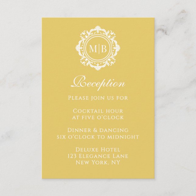 Ornate Floral Monogram Gold Reception Wedding Enclosure Card (Front)