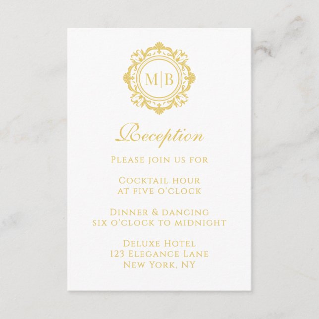 Ornate Floral Monogram Gold Reception Wedding Enclosure Card (Front)
