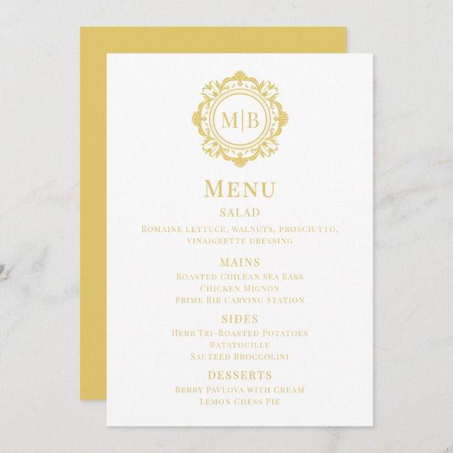 Ornate Floral Monogram Gold Wedding Menu (Front/Back)