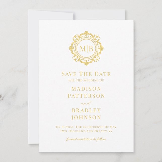 Ornate Floral Monogram Gold Wedding Save The Date (Front)