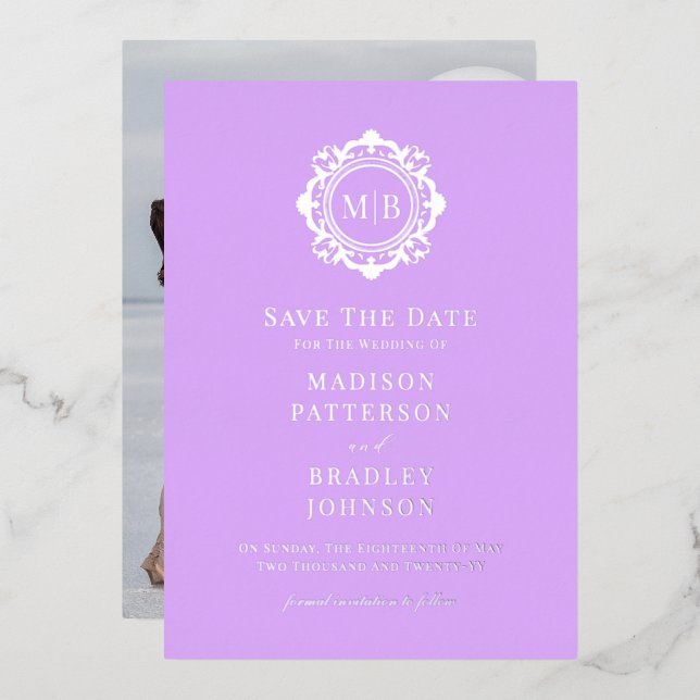 Ornate Floral Monogram Photo Wedding Save The Date (Front/Back)