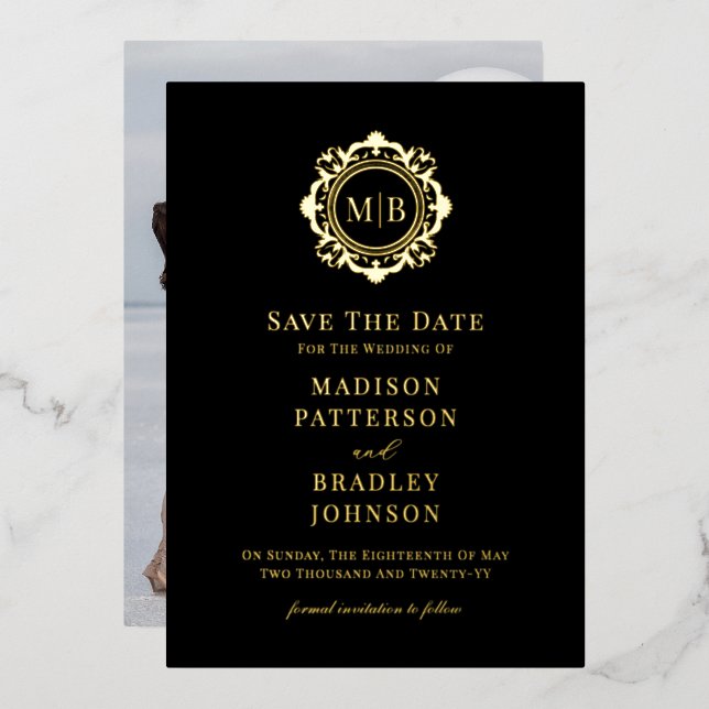 Ornate Floral Monogram Photo Wedding Save The Date (Front/Back)