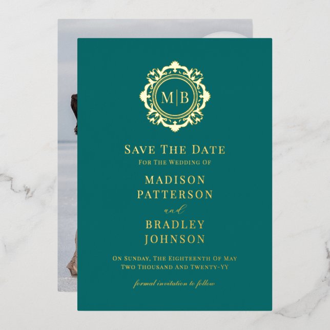 Ornate Floral Monogram Photo Wedding Save The Date (Front/Back)