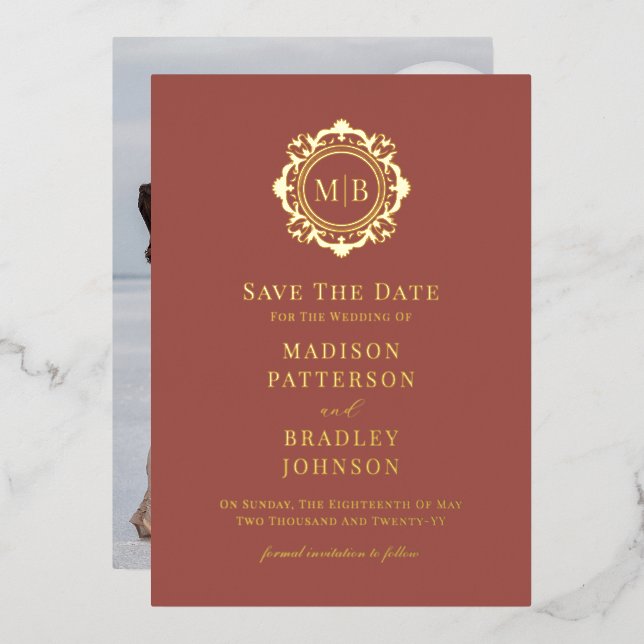 Ornate Floral Monogram Photo Wedding Save The Date (Front/Back)
