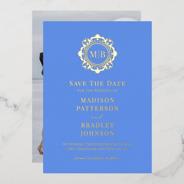 Ornate Floral Monogram Photo Wedding Save The Date (Front/Back)
