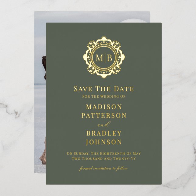 Ornate Floral Monogram Photo Wedding Save The Date (Front/Back)