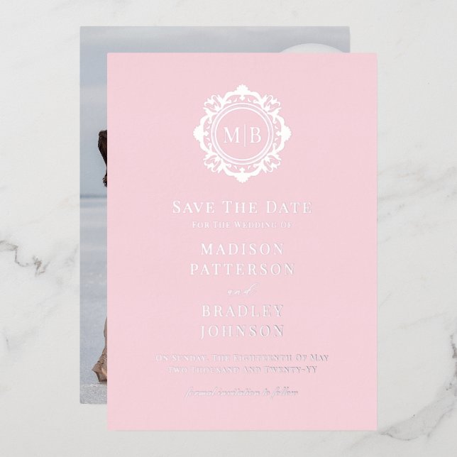 Ornate Floral Monogram Photo Wedding Save The Date (Front/Back)