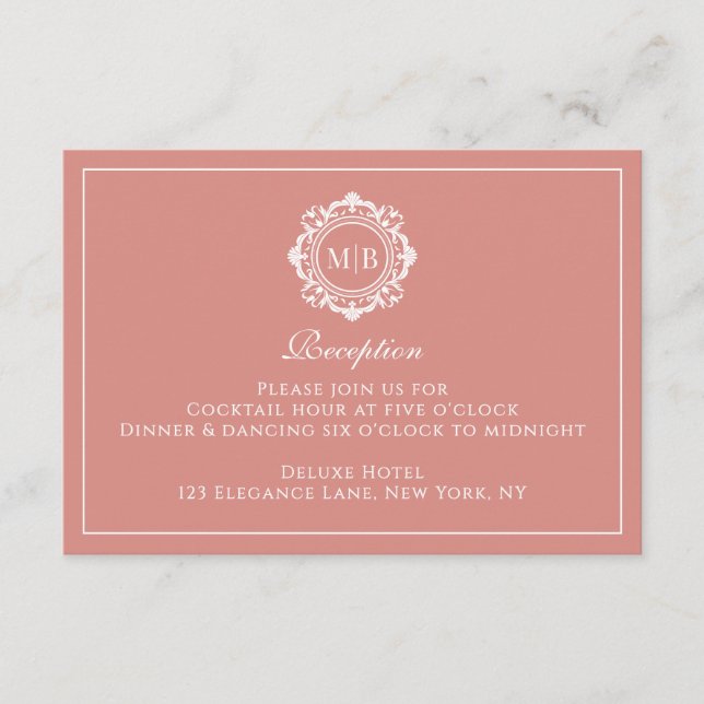 Ornate Floral Monogram Rose Gold Reception Wedding Enclosure Card (Front)