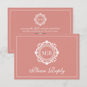 Ornate Floral Monogram Rose Gold Wedding RSVP Card