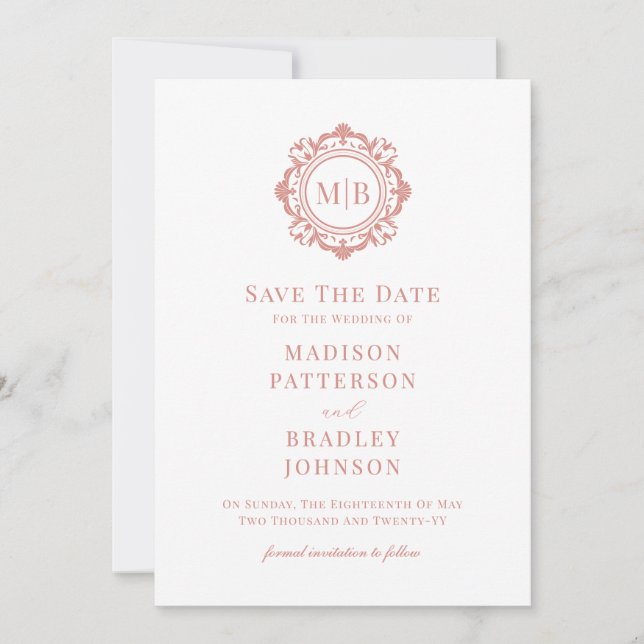 Ornate Floral Monogram Rose Gold Wedding Save The Date (Front)