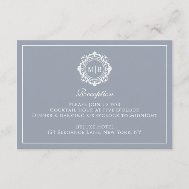 Ornate Floral Monogram Silver Reception Wedding Enclosure Card (Front)