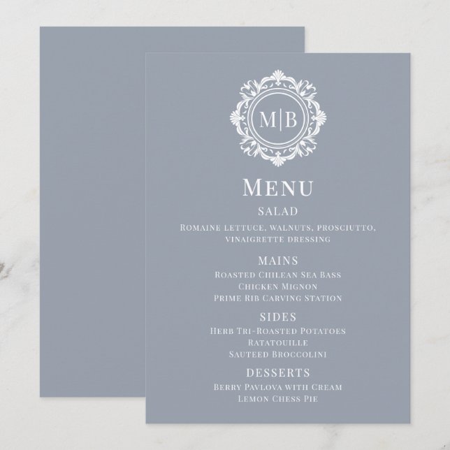 Ornate Floral Monogram Silver Wedding Menu (Front/Back)