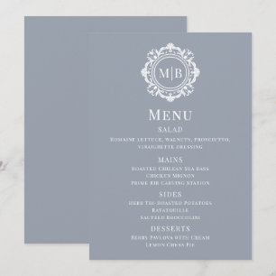 Ornate Floral Monogram Silver Wedding Menu