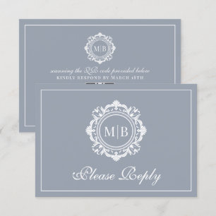 Ornate Floral Monogram Silver Wedding RSVP Card