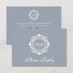 Ornate Floral Monogram Silver Wedding RSVP Card