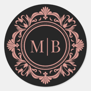 Ornate Floral Monogram Wedding Black Rose Gold Classic Round Sticker