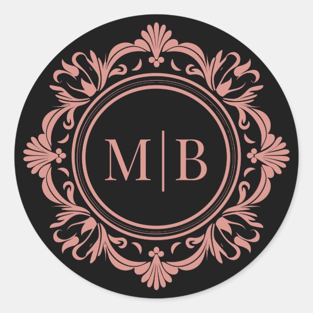 Ornate Floral Monogram Wedding Black Rose Gold Classic Round Sticker (Front)